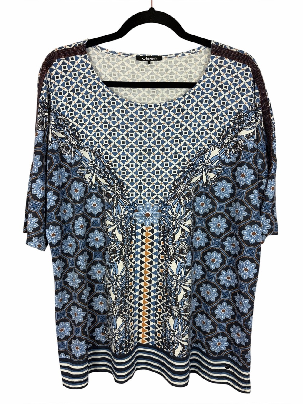 Olsen Mixed Print Knit Top Size 14 Blue Medallion 3/4 Sleeve Cotton Modal